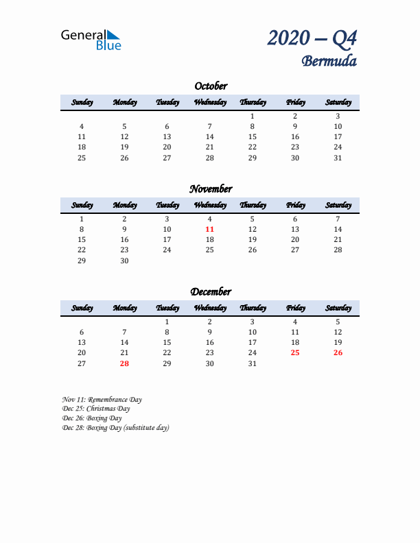 October, November, and December Calendar for Bermuda with Sunday Start