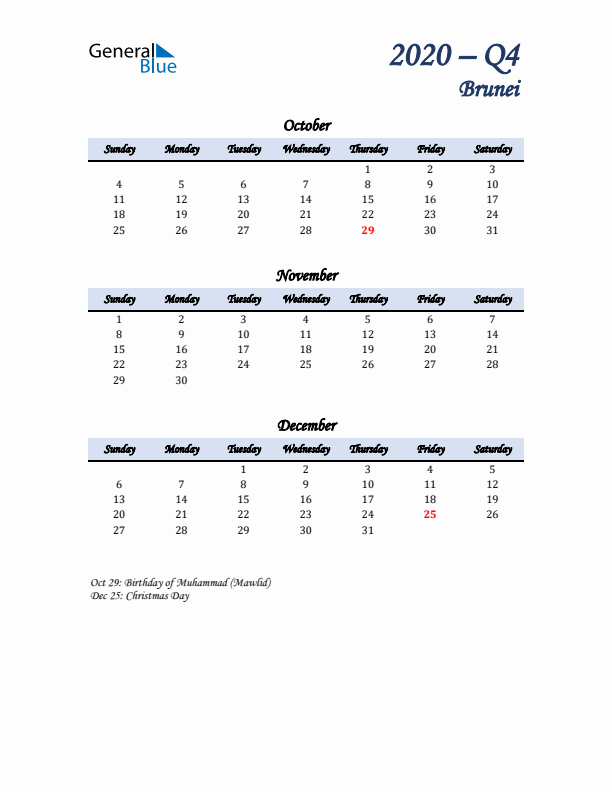 October, November, and December Calendar for Brunei with Sunday Start