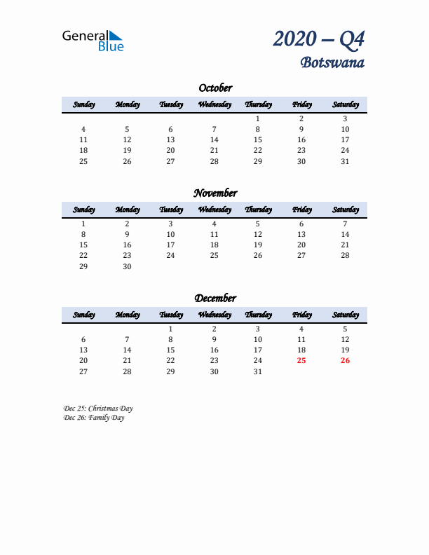 October, November, and December Calendar for Botswana with Sunday Start