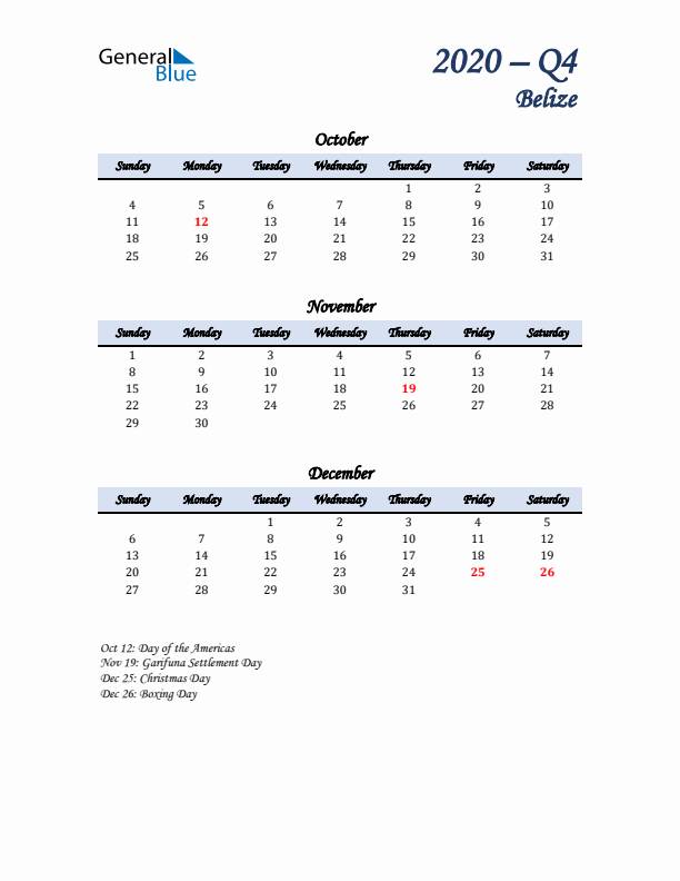 October, November, and December Calendar for Belize with Sunday Start