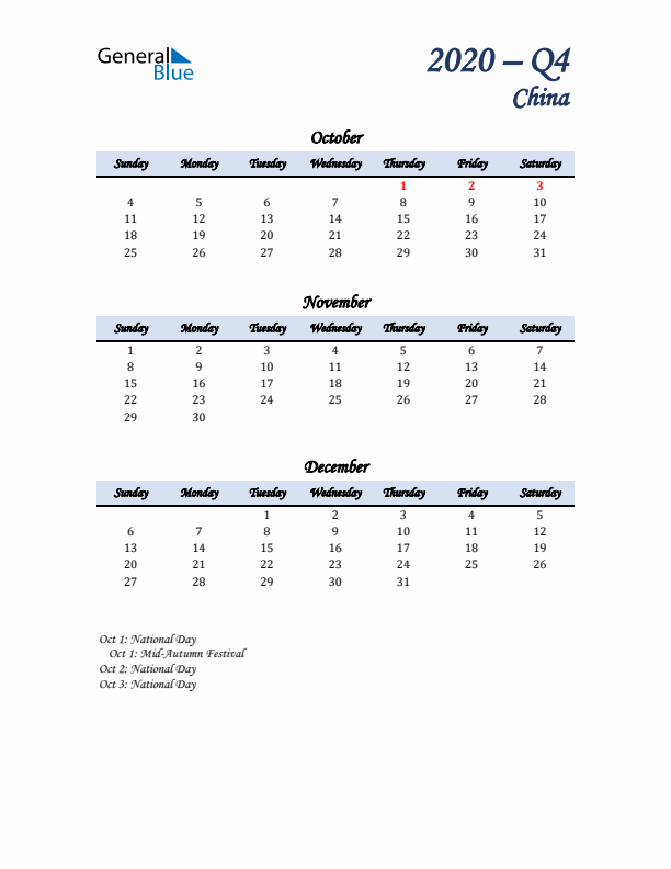 October, November, and December Calendar for China with Sunday Start