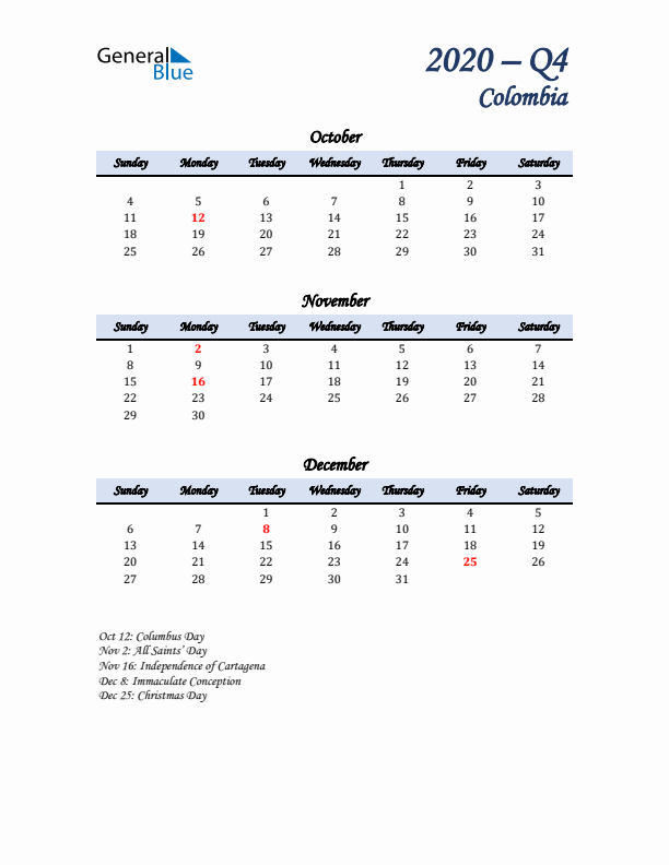 October, November, and December Calendar for Colombia with Sunday Start