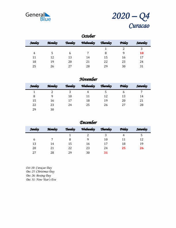 October, November, and December Calendar for Curacao with Sunday Start