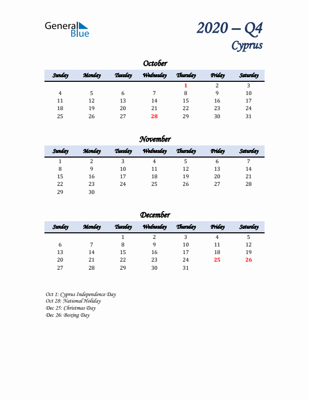 October, November, and December Calendar for Cyprus with Sunday Start