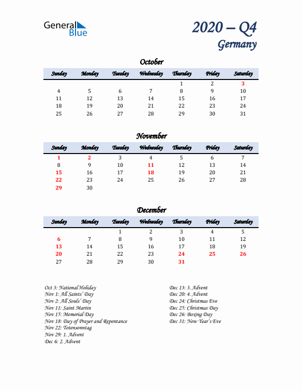 October, November, and December Calendar for Germany with Sunday Start