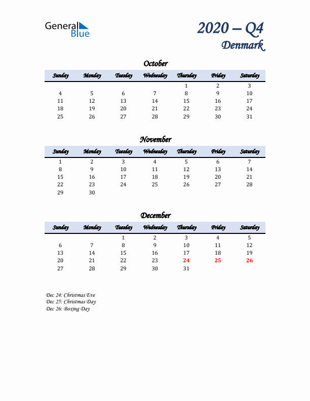 October, November, and December Calendar for Denmark with Sunday Start