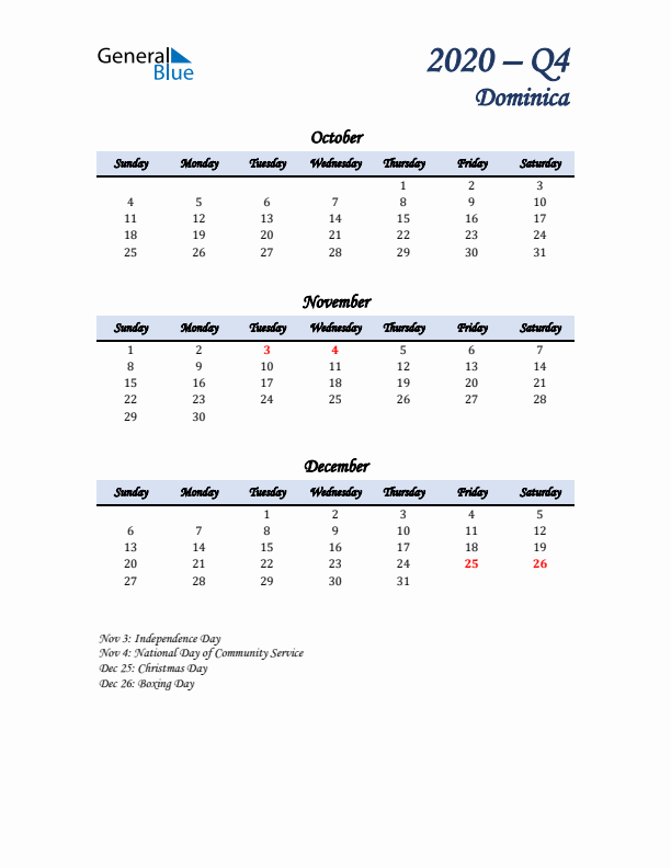 October, November, and December Calendar for Dominica with Sunday Start