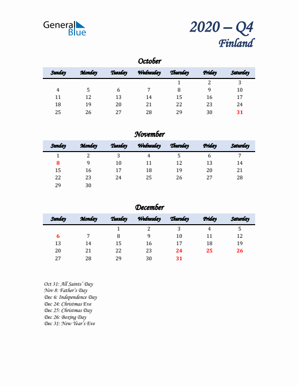 October, November, and December Calendar for Finland with Sunday Start