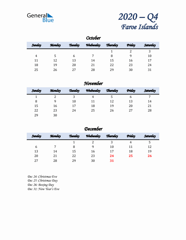 October, November, and December Calendar for Faroe Islands with Sunday Start