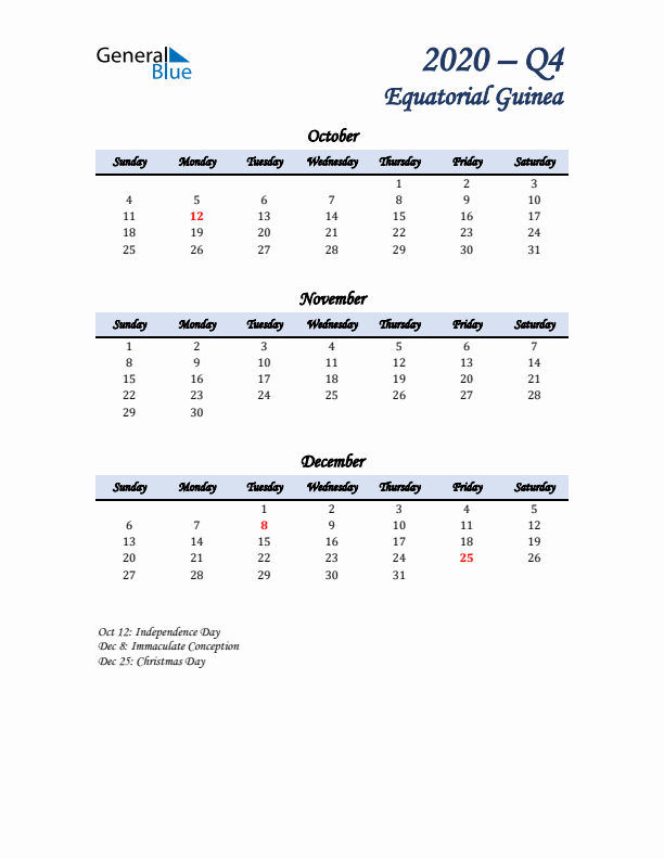 October, November, and December Calendar for Equatorial Guinea with Sunday Start