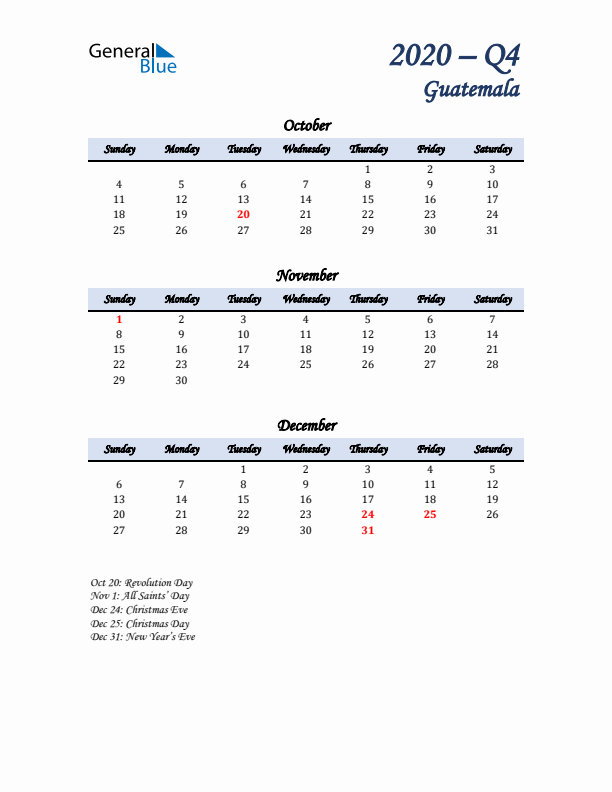 October, November, and December Calendar for Guatemala with Sunday Start