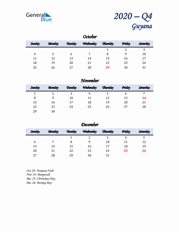 October, November, and December Calendar for Guyana with Sunday Start