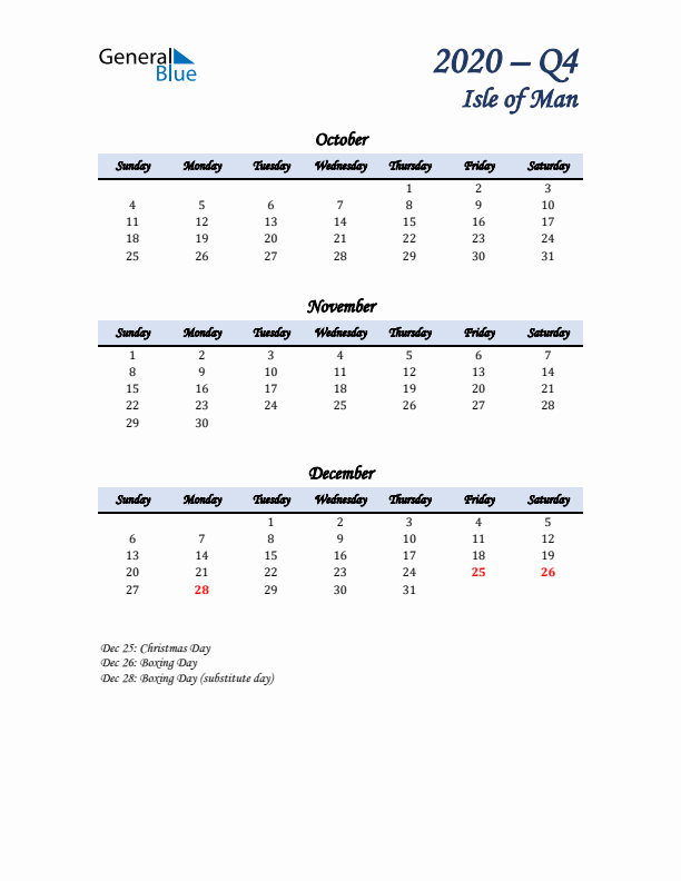 October, November, and December Calendar for Isle of Man with Sunday Start