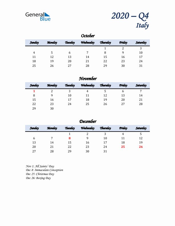 October, November, and December Calendar for Italy with Sunday Start