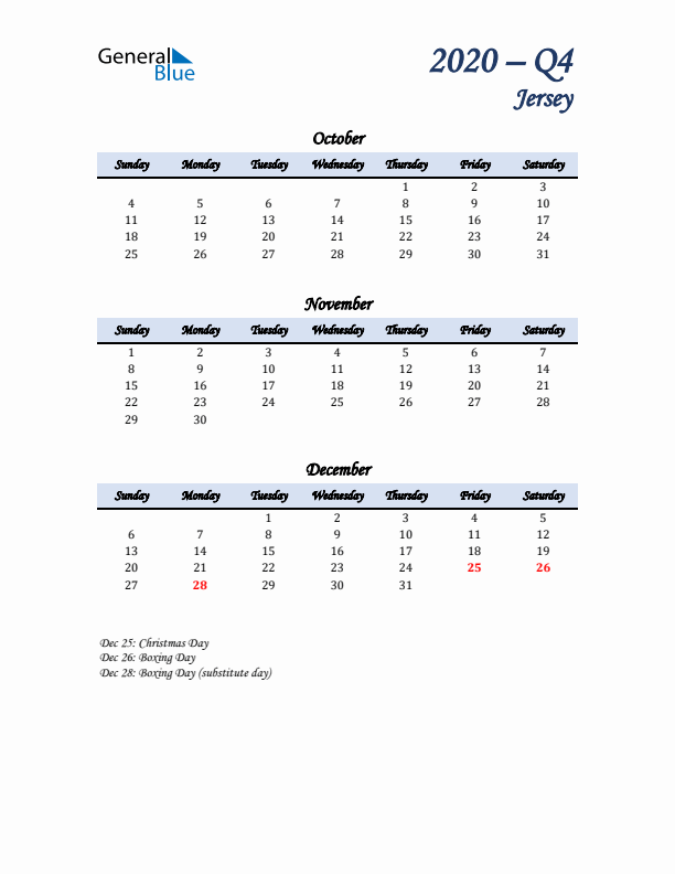 October, November, and December Calendar for Jersey with Sunday Start