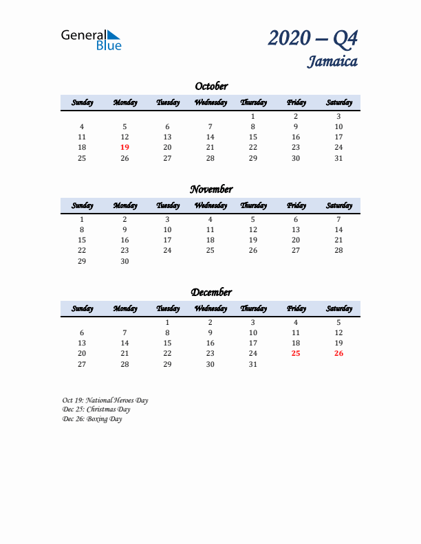 October, November, and December Calendar for Jamaica with Sunday Start