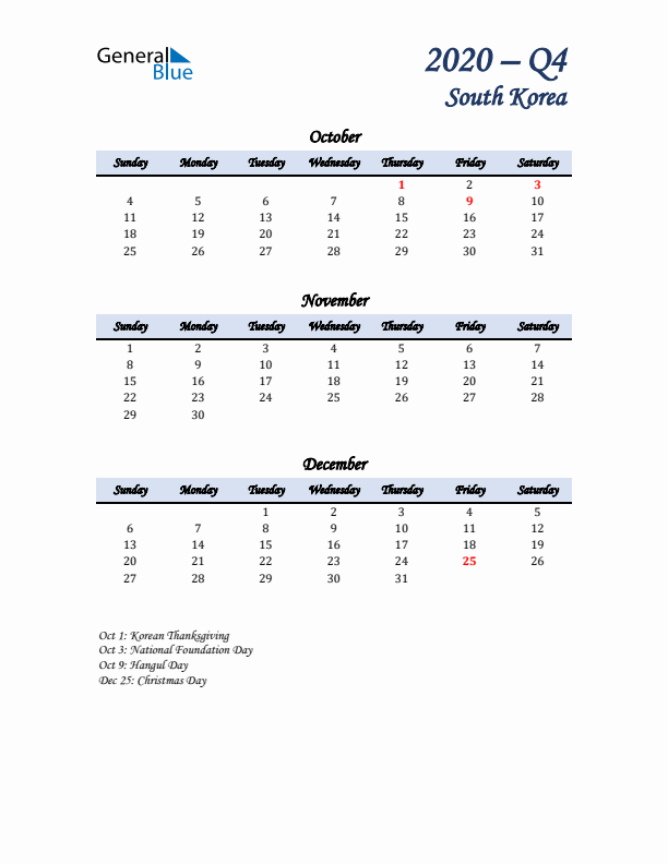 October, November, and December Calendar for South Korea with Sunday Start