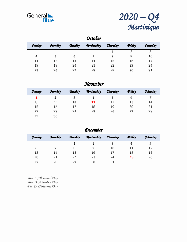 October, November, and December Calendar for Martinique with Sunday Start