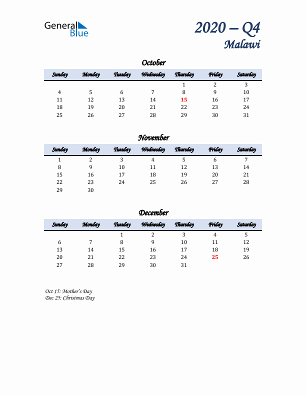 October, November, and December Calendar for Malawi with Sunday Start