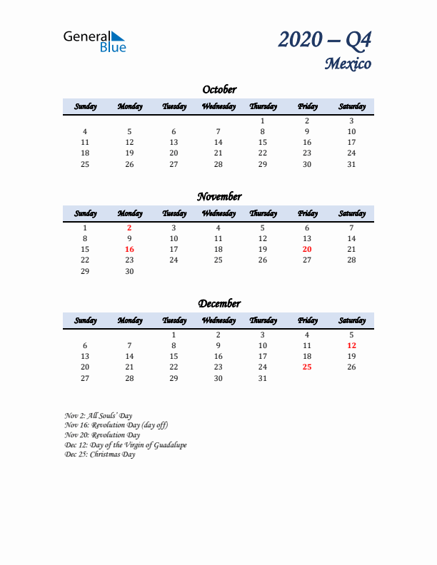 October, November, and December Calendar for Mexico with Sunday Start