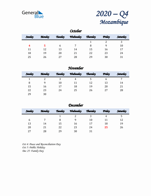 October, November, and December Calendar for Mozambique with Sunday Start