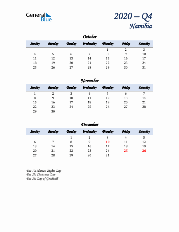 October, November, and December Calendar for Namibia with Sunday Start