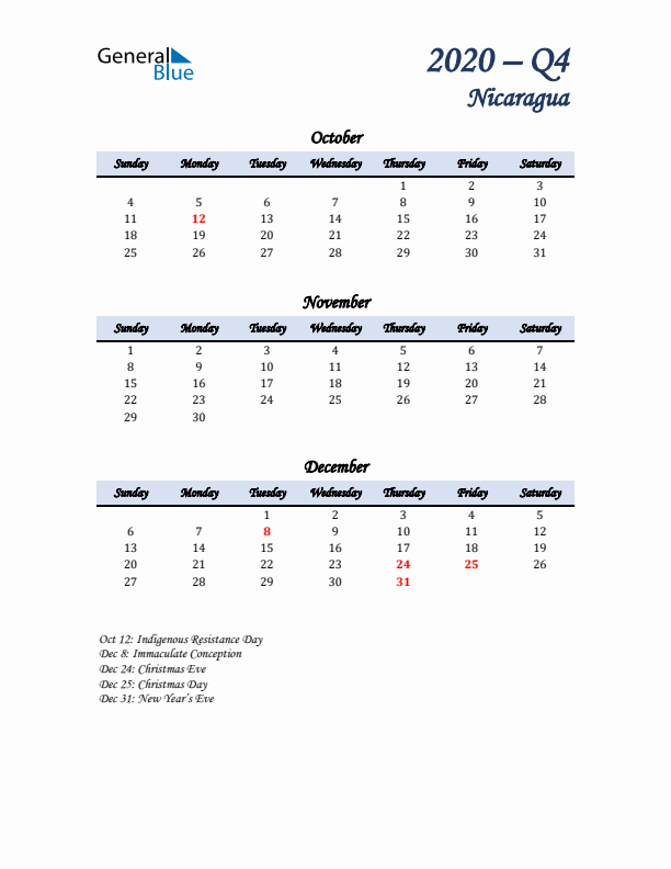 October, November, and December Calendar for Nicaragua with Sunday Start