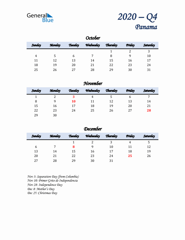 October, November, and December Calendar for Panama with Sunday Start