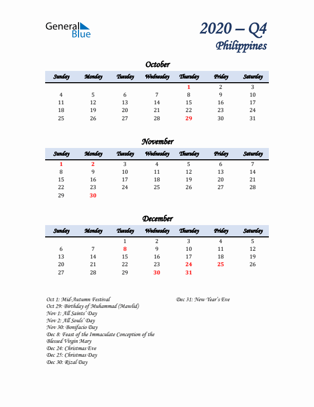 October, November, and December Calendar for Philippines with Sunday Start