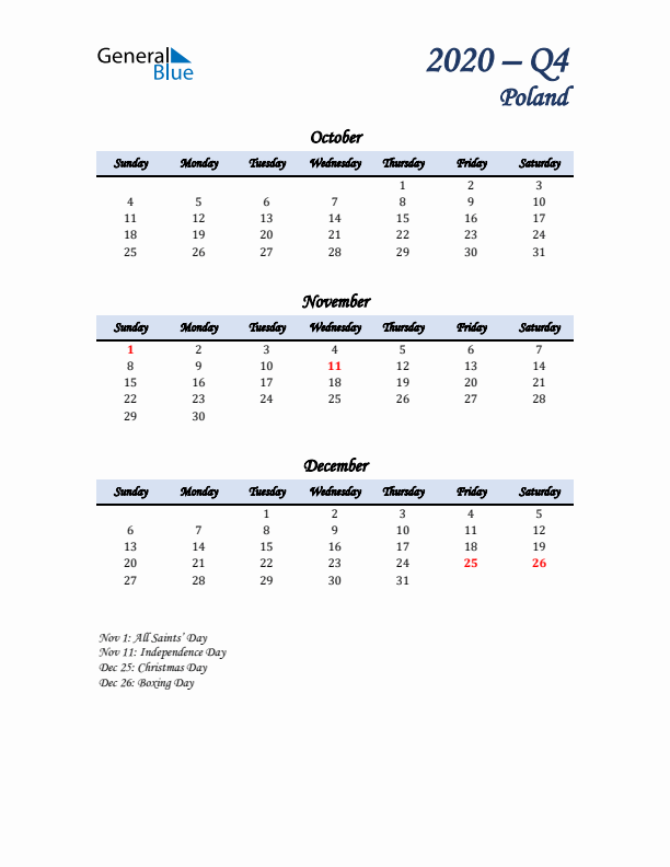 October, November, and December Calendar for Poland with Sunday Start