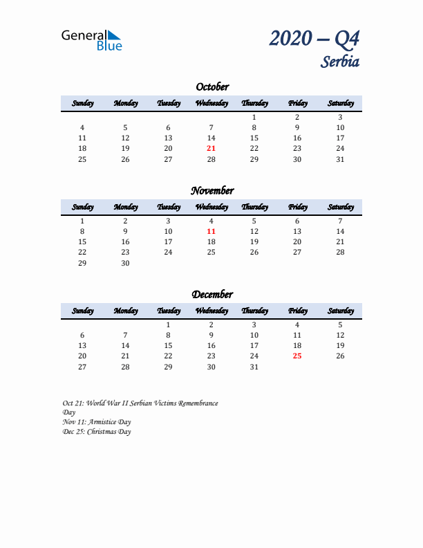 October, November, and December Calendar for Serbia with Sunday Start