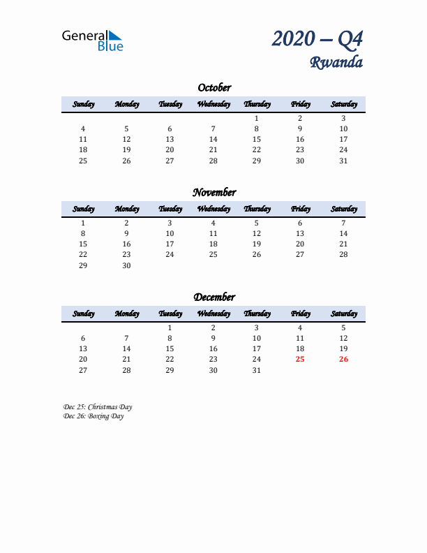 October, November, and December Calendar for Rwanda with Sunday Start