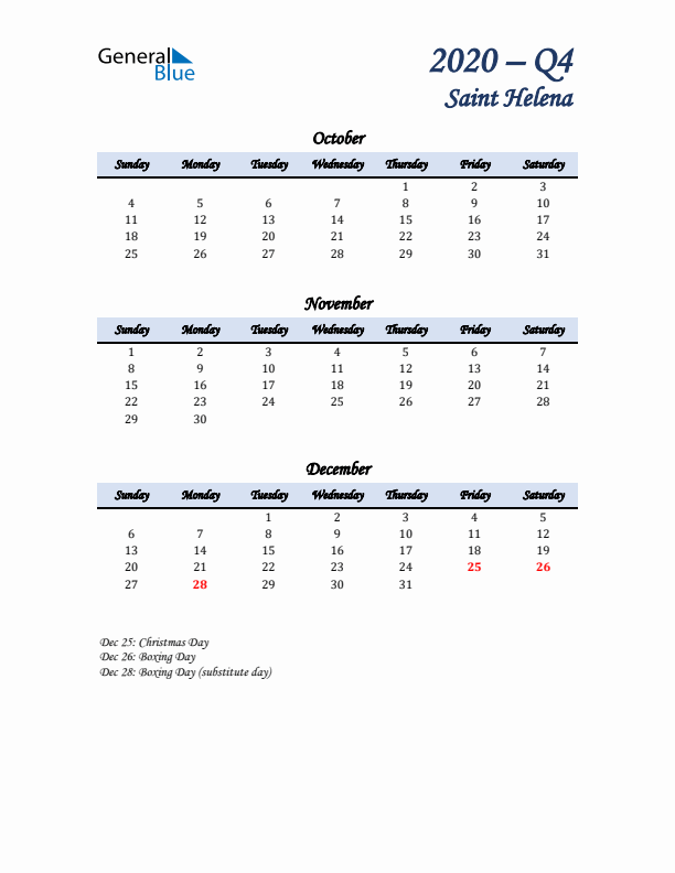 October, November, and December Calendar for Saint Helena with Sunday Start