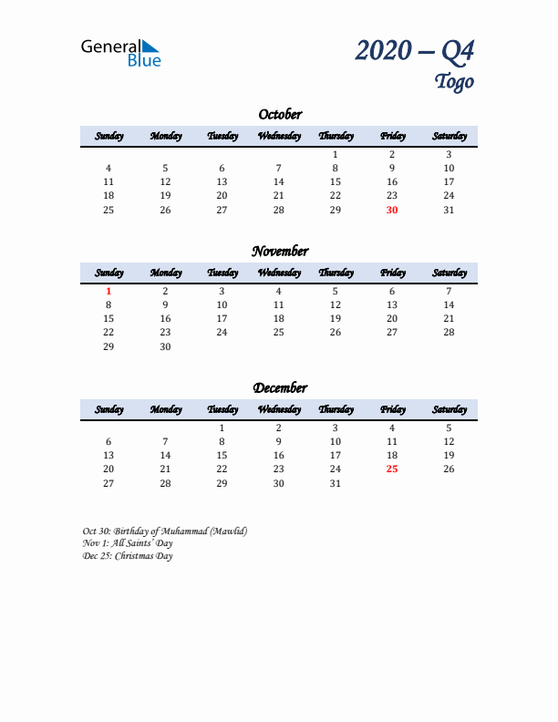 October, November, and December Calendar for Togo with Sunday Start