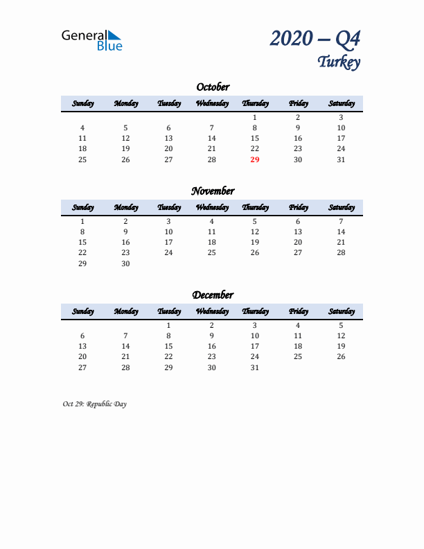 October, November, and December Calendar for Turkey with Sunday Start