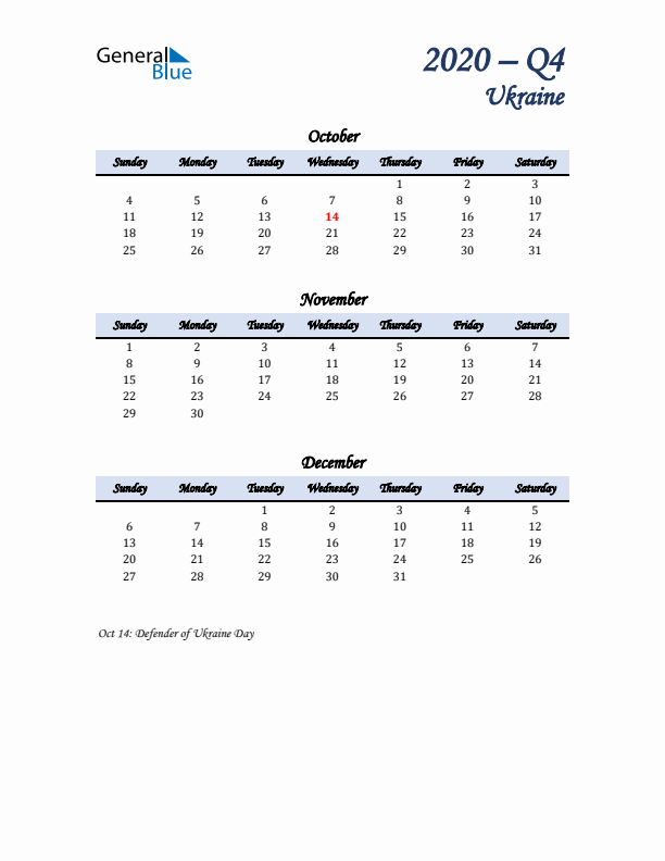 October, November, and December Calendar for Ukraine with Sunday Start