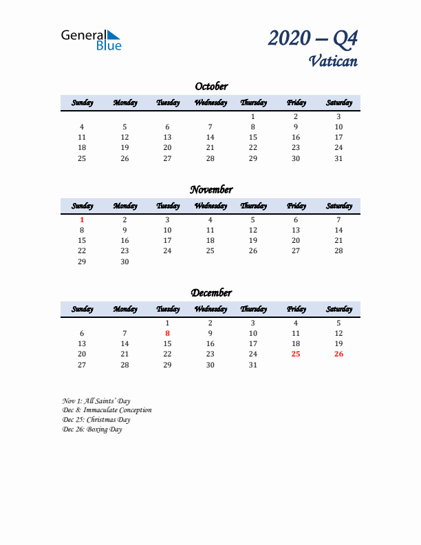 October, November, and December Calendar for Vatican with Sunday Start