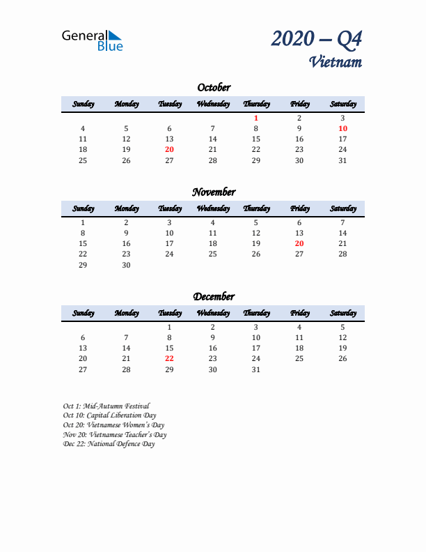 October, November, and December Calendar for Vietnam with Sunday Start