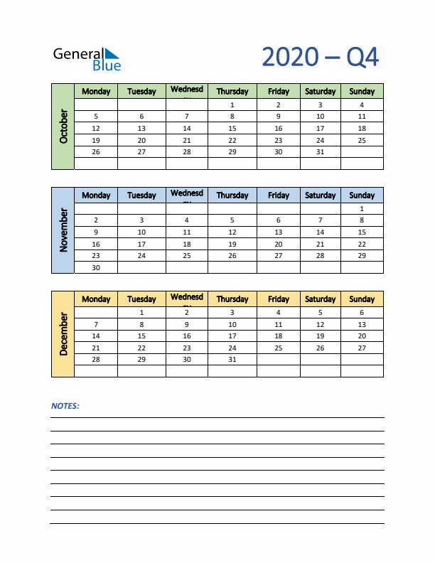 Three-Month Planner for Q4 2020