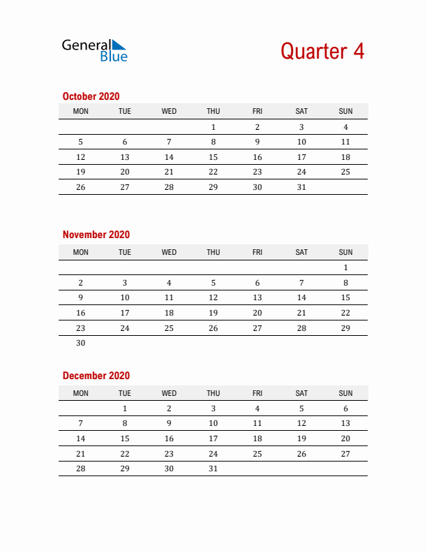 Three-Month Printable Calendar 2020