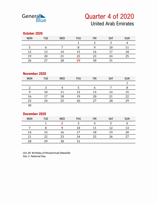 Printable Three Month Calendar with United Arab Emirates Holidays