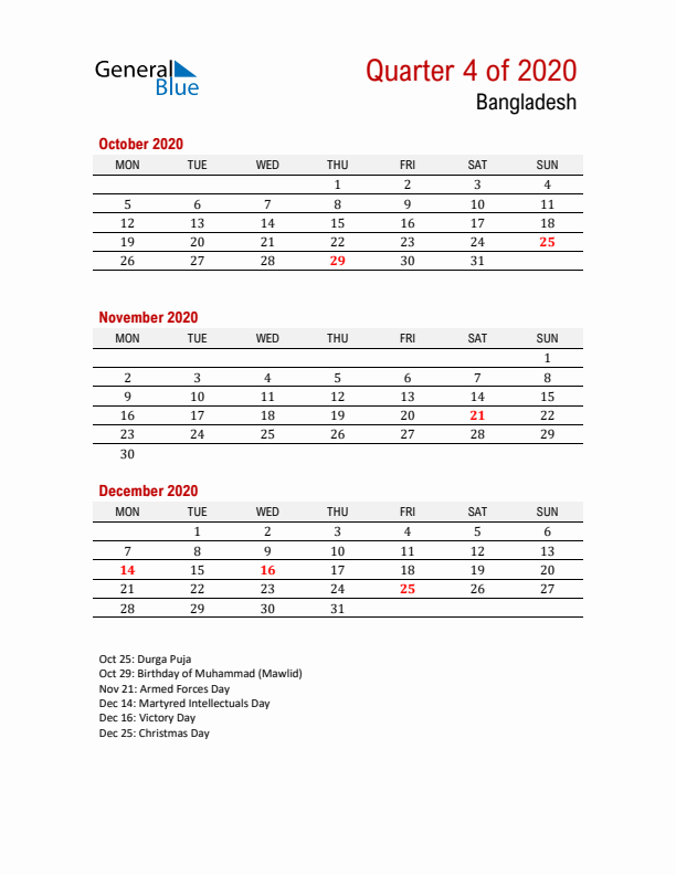 Printable Three Month Calendar with Bangladesh Holidays