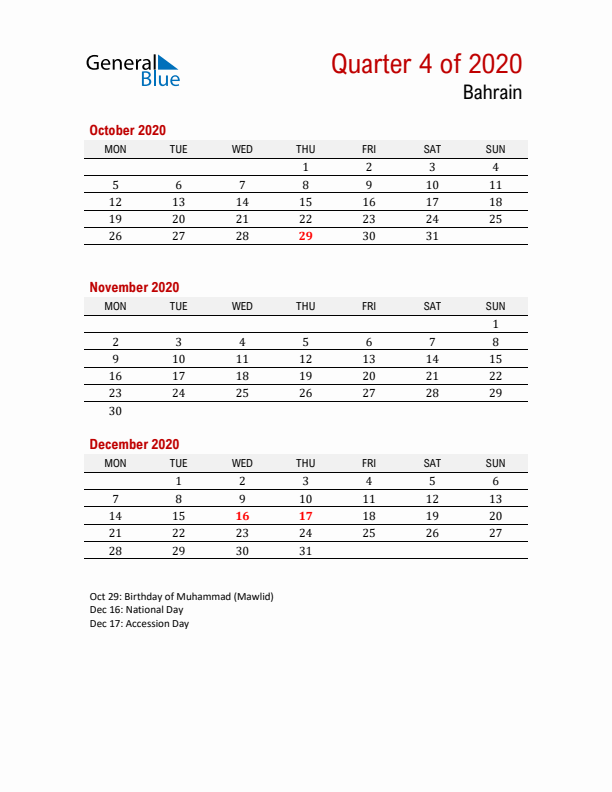 Printable Three Month Calendar with Bahrain Holidays