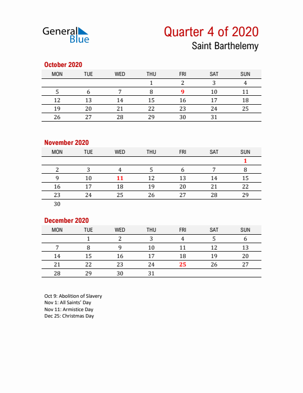 Printable Three Month Calendar with Saint Barthelemy Holidays