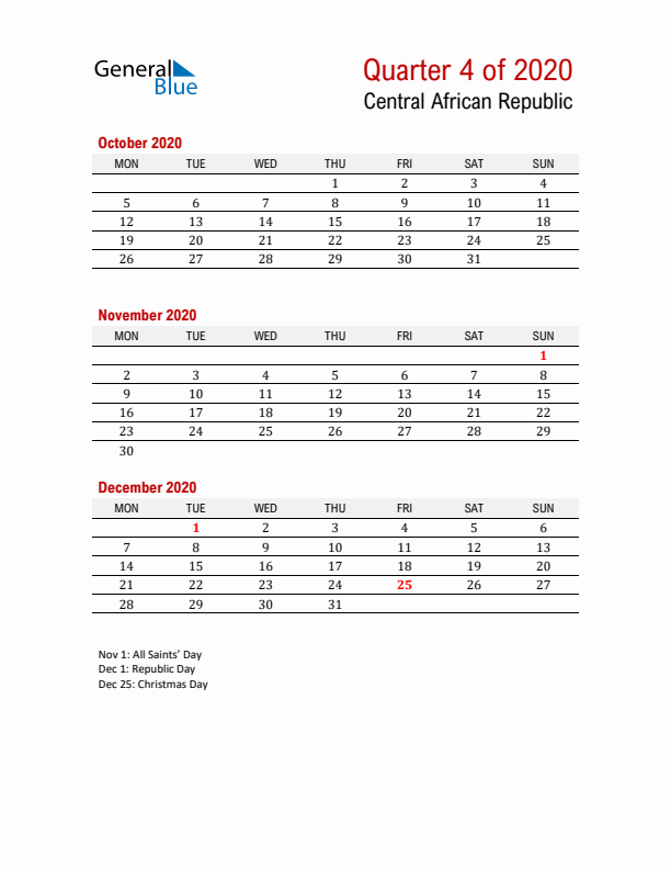 Printable Three Month Calendar with Central African Republic Holidays