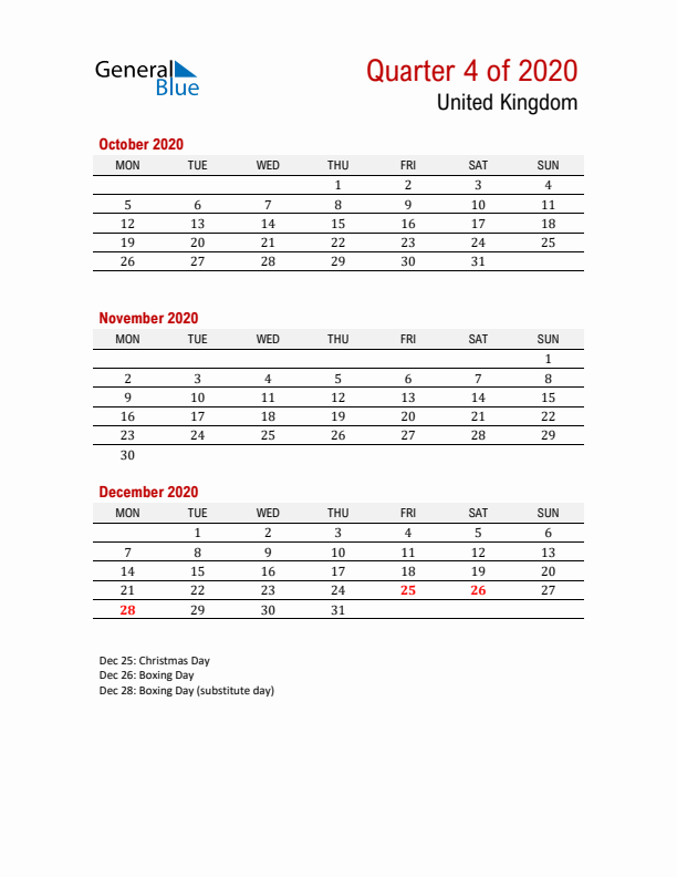 Printable Three Month Calendar with United Kingdom Holidays