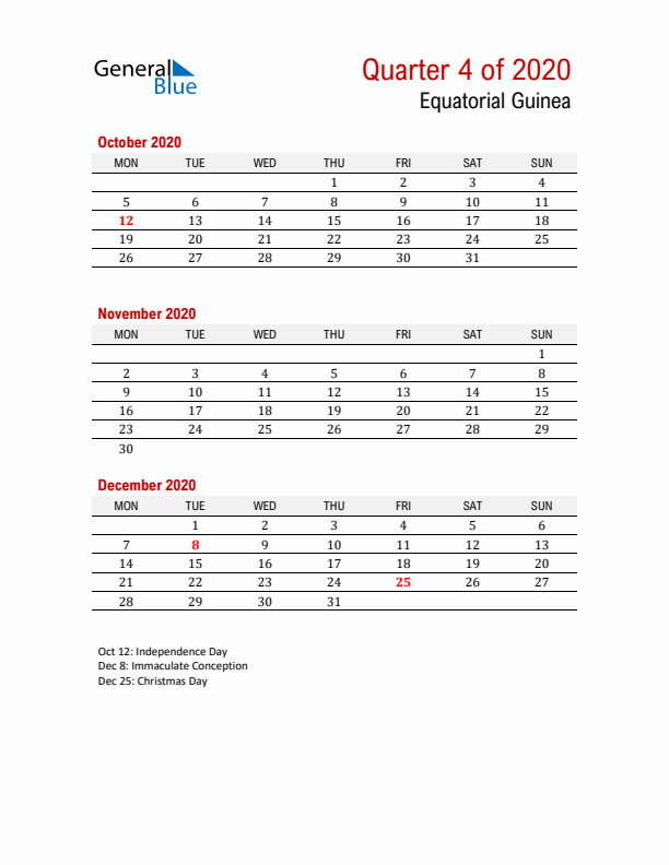 Printable Three Month Calendar with Equatorial Guinea Holidays