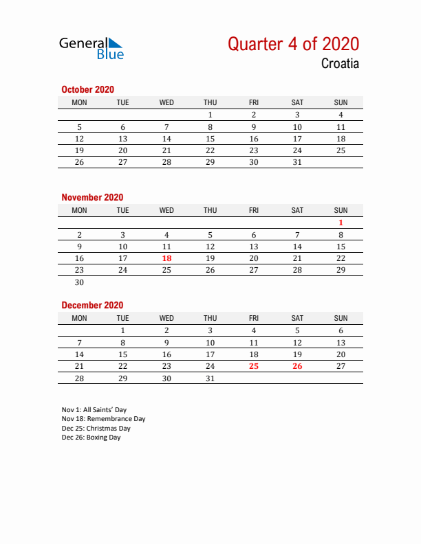 Printable Three Month Calendar with Croatia Holidays