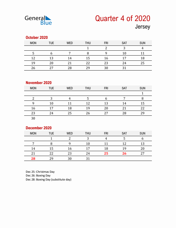 Printable Three Month Calendar with Jersey Holidays