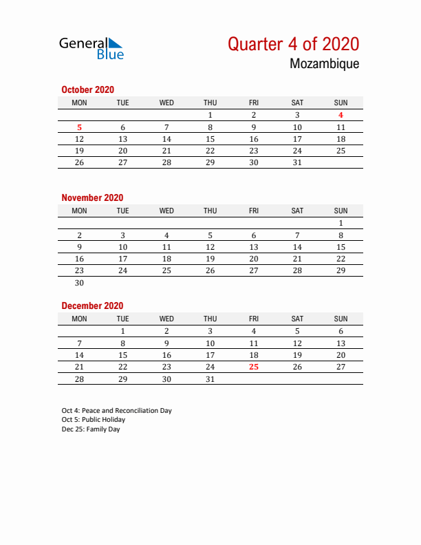 Printable Three Month Calendar with Mozambique Holidays